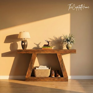 Op de afbeelding: Een rustieke houten console met een lamp, een decoratief hertenbeeldje, boeken en een vaas met bloemen. Een gevlochten mand met opgevouwen handdoeken en een paar laarzen staan op de onderste plank. De tekst The Capitol Home is zichtbaar.