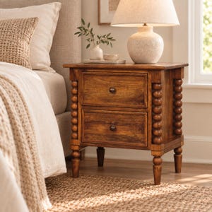 May include: A wooden bedside table featuring two drawers with dark round knobs. The piece is characterised by vertical columns of stacked wooden spheres on the front sides and four tapered legs. The wood has a warm, medium-brown finish.