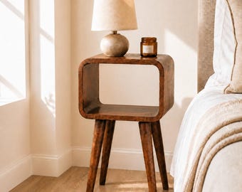 Solid Mango Wood Nightstand, Curved Bedside Table, Japandi Bedroom Storage