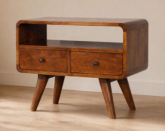Curved Mango Wood TV Stand, 2 Drawer Media Console for Living Room