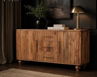 Solid Mango Wood Storage Cabinet, Golden Teak Japandi Furniture