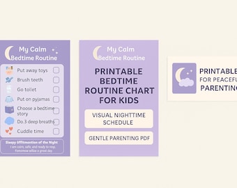 May include: Three printable charts with a soft purple color scheme. The charts are designed for kids' bedtime routines. One chart lists bedtime tasks, another is a printable bedtime routine chart, and the third says "Printables for Peaceful Parenting."