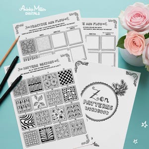 Werkboek zenstijlpatronen, oefenwerkbladen doodle, digitale en afdrukbare pdf en jpg