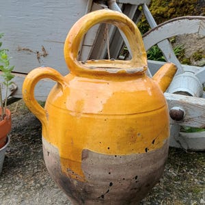Antique Large French Glazed Yellow Confit Pot: 19th Century Terracotta Olive Jar