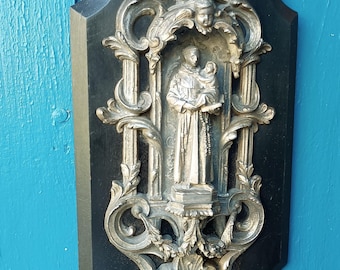 Antique French Spelter Holy Water Font, Saint Anthony Statue