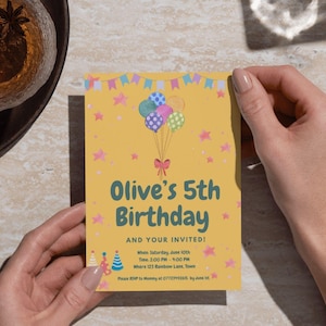 Invito per la festa del quinto compleanno dei bambini, modello elettronico/digitale, invito elettronico modificabile, palloncini stampabili per il quinto compleanno di ragazzi e ragazze