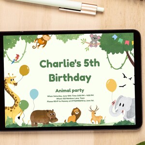 Convite editável para festa de 5 anos infantil, modelo eletrônico digital, design para quinto aniversário, safari animal para imprimir, para meninos e meninas