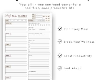Daily Meal Planner Printable | Food Diary, Meal Tracker & Grocery List | Weekly Menu Planner, Breakfast Lunch Dinner | Diet Health Planner