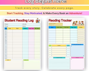 May include: Colorful reading logs with the text "The Ultimate Reading Log Begins Here!" and "Start Tracking, Stay Motivated, & Make Every Book an Adventure!" The logs include sections for tracking books, dates, and ratings. The logs are A4 & US Letter size.