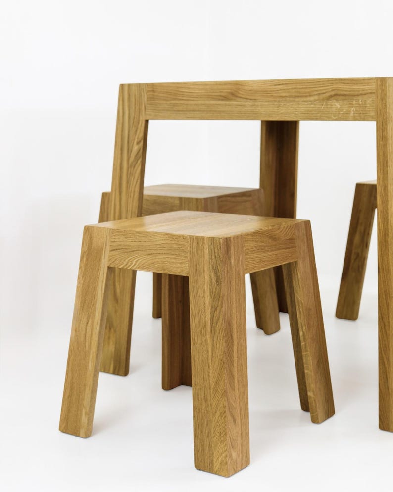 Solid Oak Dining Set, Handmade Scandinavian Table + 4 Stools, European ...