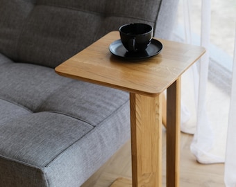 Solid Oak C-Shaped Side Table: Space-Saving Sofa Snack Table