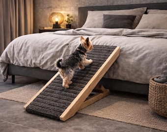 Rampa portátil plegable para mascotas para perros y gatos. Fabricada a mano, roble natural.