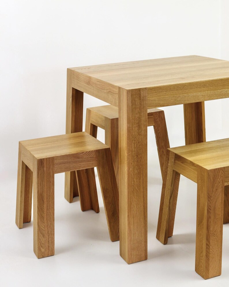 Solid Oak Dining Set, Handmade Scandinavian Table + 4 Stools, European ...