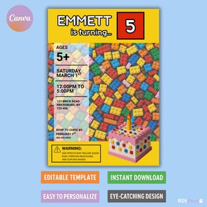 Sjabloon verjaardagsuitnodiging bouwsteen | Lego-thema-uitnodiging voor kinderen | Bouwstenenfeest | Bewerkbaar en aanpasbaar | Direct downloaden