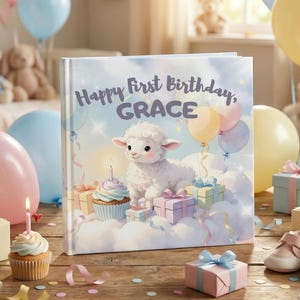 May include: A children's birthday book with the text "Happy First Birthday, GRACE" and a cartoon lamb illustration. The book is surrounded by balloons, gifts, a cupcake, and baby shoes on a wooden surface.