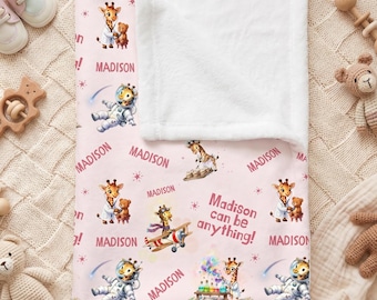 Personalized Baby Girl Blanket, Custom Baby Name Throw, Nursery Blanket for Toddler, Baby Shower Gift, Cute Giraffe Blanket for Kids