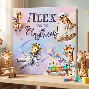 May include: A children's book titled Alex Can Be Anything! featuring illustrations of giraffes in various roles, including an astronaut, a baker, and a scientist. The cover displays a pastel-colored background with stars and colorful science experiments.