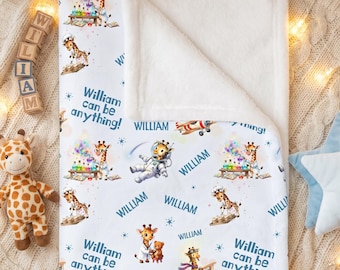 Personalized Baby Boy Blanket, Custom Baby Name Throw, Nursery Blanket for Toddler, Baby Shower Gift, Cute Giraffe Blanket for Kids