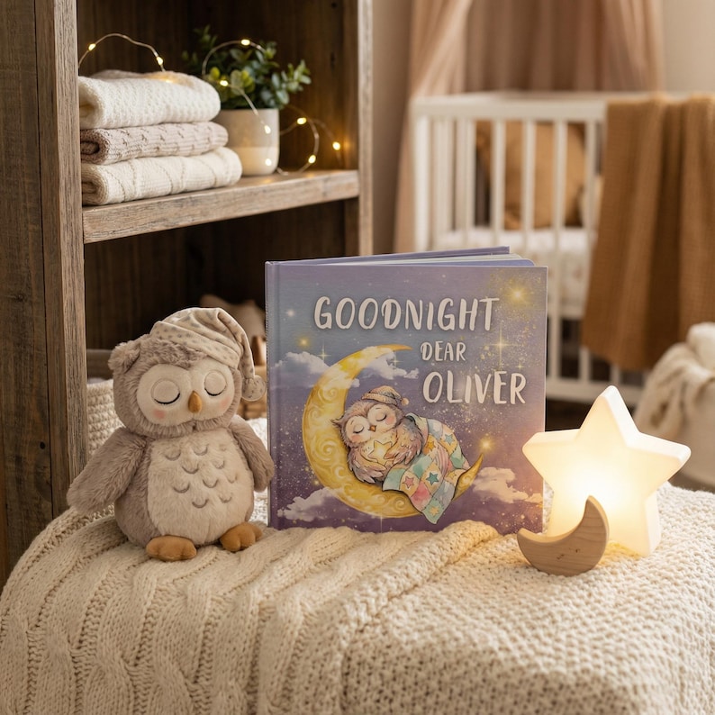 May include: A plush owl toy wearing a nightcap sits next to a children's book titled "Goodnight Dear Oliver." A star-shaped night light and a wooden crescent moon are also on display. The scene is set on a cream-colored blanket.