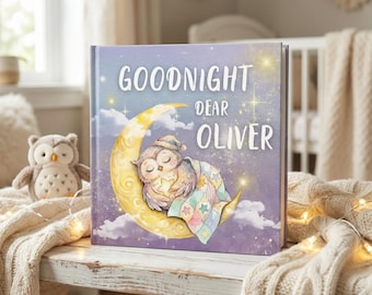 May include: A children's book titled "Goodnight Dear Oliver" with an illustration of a sleeping owl on a crescent moon. A stuffed owl and fairy lights are also visible.