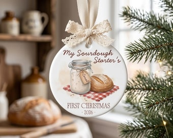 My Sourdough Starter's First Christmas Ornament, Personalized Sourdough Ornament, Funny Baker Gift, Bread Lover Xmas Ceramic Keepsake