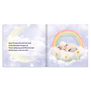 May include: A children's book illustration featuring a sleeping lamb on a cloud under a rainbow. The background is a soft blue sky with a crescent moon and text that reads, "Above the stars, the world feels small..." and "Dream calmly now, sweet Oliver, this night."