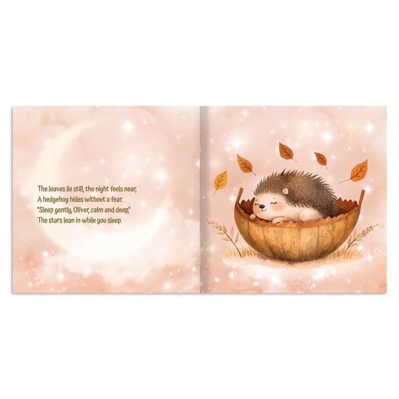 May include: A children's book illustration featuring a sleeping hedgehog nestled in a wooden bowl. The background is a soft peach color with a crescent moon and stars. Text on the left side reads: "The leaves lie still, the night feels near..."