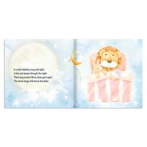 May include: A children's book illustration shows a lion cub sleeping in a pink striped bed with a stuffed animal. The background features a full moon, stars, and text: "In a pink blanket, cozy and tight, A lion cub sleeps through the night."