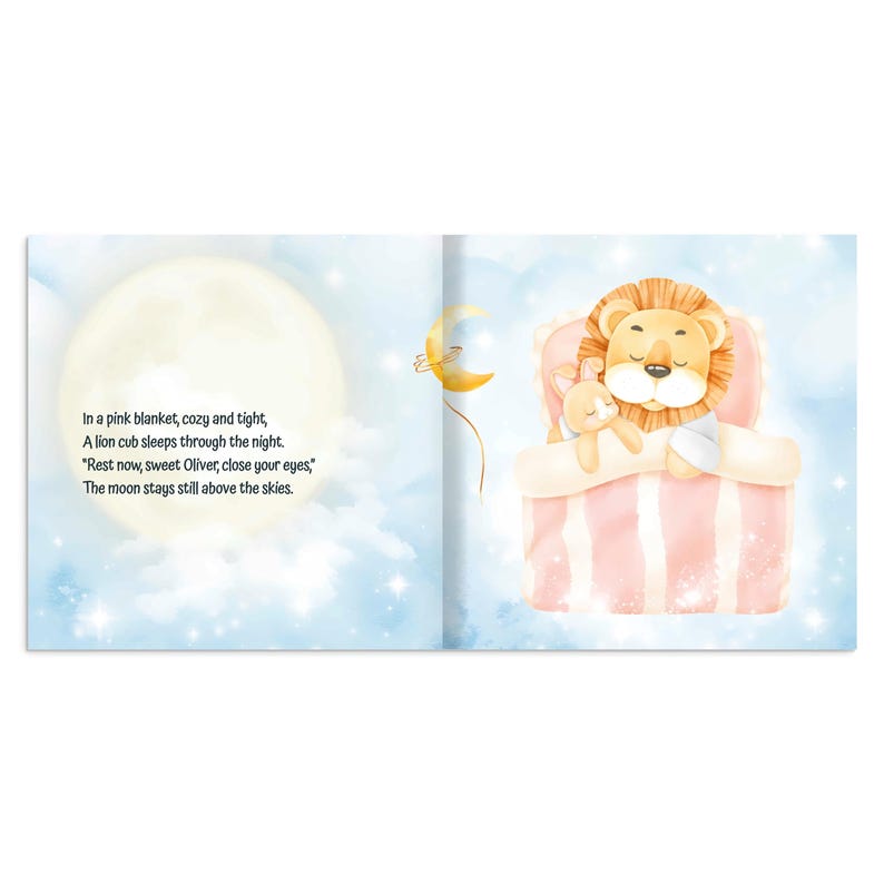 May include: A children's book illustration shows a lion cub sleeping in a pink striped bed with a stuffed animal. The background features a full moon, stars, and text: "In a pink blanket, cozy and tight, A lion cub sleeps through the night."
