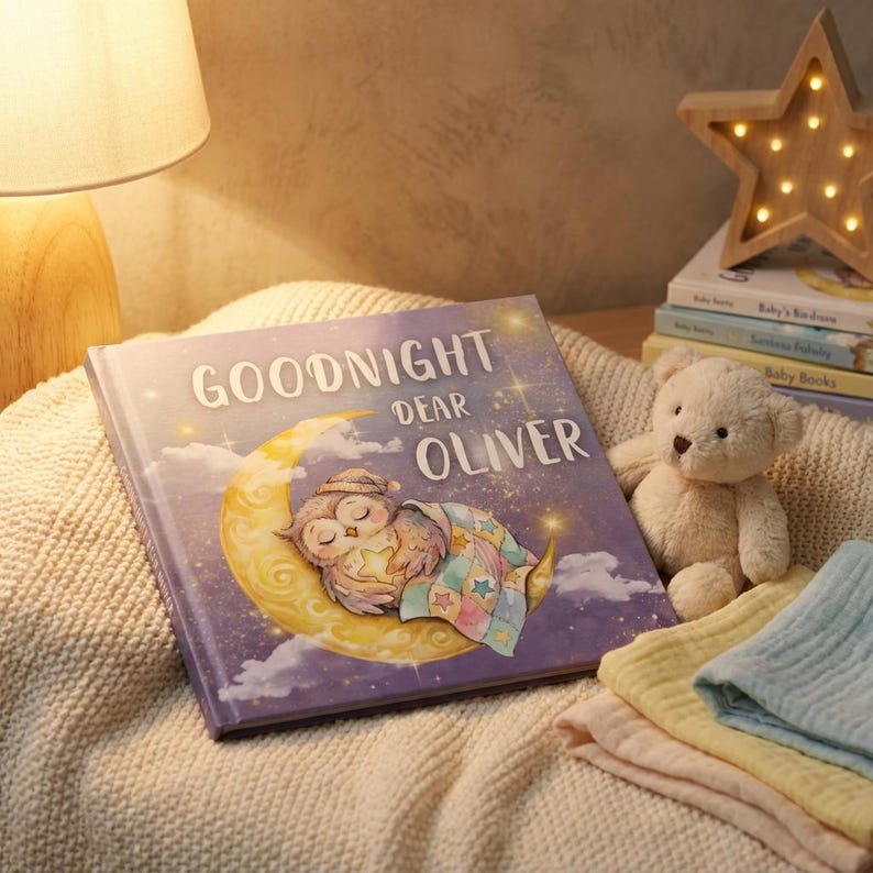 May include: A children's book titled "Goodnight Dear Oliver" featuring an illustration of a sleeping owl on a crescent moon. A plush teddy bear and folded pastel blankets are next to the book. A wooden star-shaped light and other books are in the background.