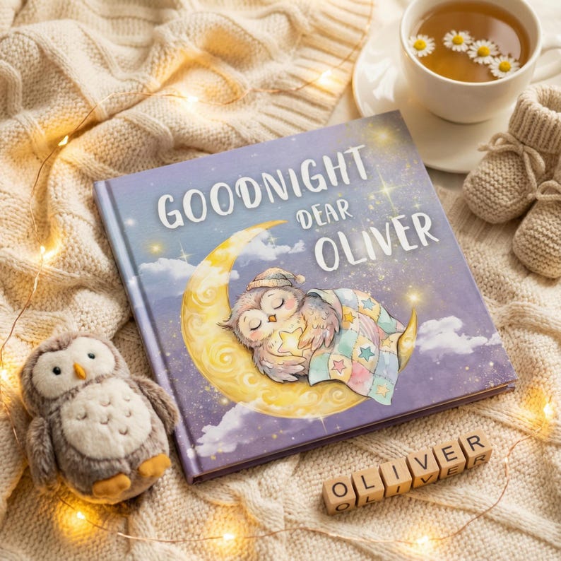 May include: A children's book titled "Goodnight Dear Oliver" with an illustration of a sleeping owl on a crescent moon. A plush owl toy, baby booties, and a cup of tea with chamomile flowers are also present. The scene is set on a cream-colored knitted blanket.
