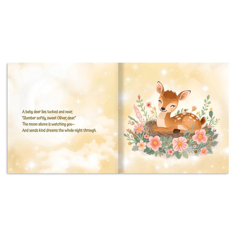 May include: An open book with a watercolor illustration of a baby deer nestled in a bed of flowers. The deer is brown with white spots and is surrounded by pink and green flowers. Text on the left page reads: "A baby deer lies tucked and near..."