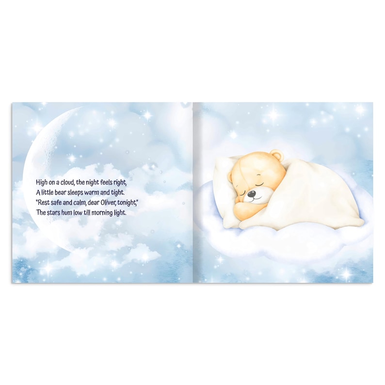 May include: A children's book illustration featuring a sleeping teddy bear on a cloud. The bear is covered with a white blanket, set against a blue sky with a crescent moon and stars. Text on the left side reads: "High on a cloud, the night feels right..."