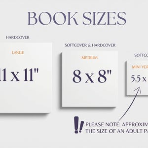 May include: Image showing three book sizes: large 11 x 11 inches, medium 8 x 8 inches, and mini 5.5 x 5.5 inches. The text "BOOK SIZES" is at the top. The text "PLEASE NOTE: APPROXIMATELY THE SIZE OF AN ADULT PALM" is at the bottom.