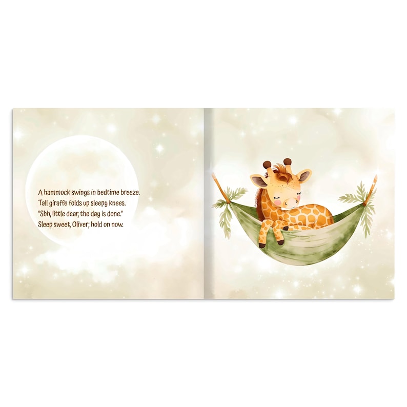 May include: A children's book illustration featuring a sleeping giraffe in a green hammock. The giraffe has brown spots and is nestled in a hammock with a light green background. Text on the left page reads: "A hammock swings in bedtime breeze."