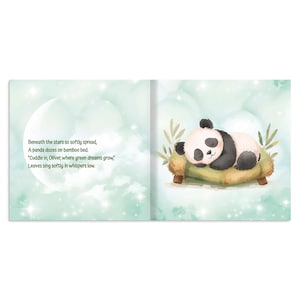 May include: A children's book illustration featuring a sleeping panda on a green cushion. The panda has black and white fur. The background is a soft green with a moon and stars. Text on the left page reads: "Beneath the stars so softly spread..."
