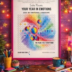 May include: A framed print with the text "Your Year in Emotions" and a colourful abstract design. The print includes the text "Indie Flower" and "2026: My Emotional Landscape." The image is on a wooden desk with art supplies.