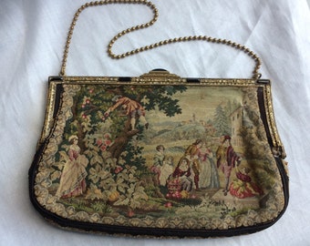 Antikes Edwardian Petit Point Gobelin Abendtasche mit Onyx + Markasit Verschluss