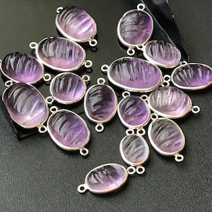 17-22mm Amethyst Double Loop Connectors, 5 Pcs Amethyst Hand Carved Oval Connectors, 925 Silver Bezel Connectors, Finding Charm - KS3293