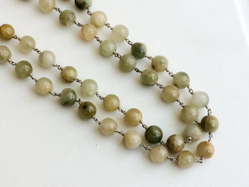 PS3612 Rosary Style Beaded Chain Cats Eye Chain By The Foot 925 Silver Chain 7-8mm Green Cats Eye Wire Wrapped Plain Round Beads