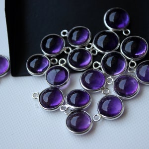 13-14mm Amethyst Connector Charms Round Shape Bezel Connector Amethyst Connector Charm for Bracelets / Pendants 925 Silver Single Link 5 Pcs