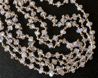 3mm Rainbow Moonstone Faceted Beads Rosary, 925 Silver Wire Wrapped Rosary Style Chain, Moonstone Beaded Chain (1 Foot To 5 Feet Options)