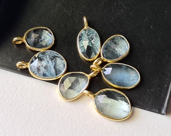 12-14.5mm Aquamarine Rose Cut Free Form Shape Connectors, 5 Pcs Single Loop 925 Silver with Gold Polish Bezel Findings - PDG321