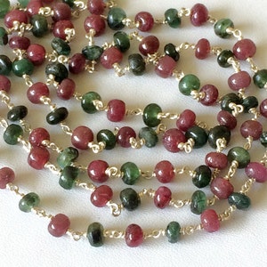 4.5mm Emerald & Ruby Faceted Rondelle Beads in 925 Silver Wire Wrapped Rosary Style Chain Emerald Ruby Beaded Chain By Foot For Jewelry
