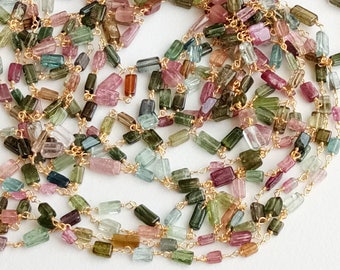 4-8mm Multi Tourmaline Rosary Chains, Tourmaline Rough Box Connector Rosary Chains in 925 Silver Gold Polish Wire Wrap (1Ft To 5Ft Options)