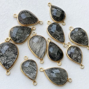 18-20mm Black Rutiliated Quartz Connectors, 5 pcs Rutile Faceted Pear Shape 925 Silver Gold Polished Bezel Connectors, Rutlie Charm - KS3284