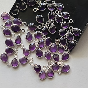 Amethyst Pear Charm Connectors, Natural Faceted Pear 925 Silver Bezel Connectors 10-11.5mm Single Loop Findings (5 Pcs To 10 Pcs Options)