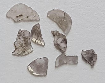 May include: A collection of irregularly shaped, translucent, light-colored fragments scattered on a white surface. The fragments have a slightly iridescent quality, with some showing darker, mottled patterns.