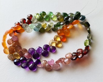 5.5-6mm Multi Gemstone Faceted Heart Bead 6 Inch Carnelian/Amethyst/Garnet/Citrine/Aquamarine/Green Tourmaline/Strawberry Quartz - PDG340