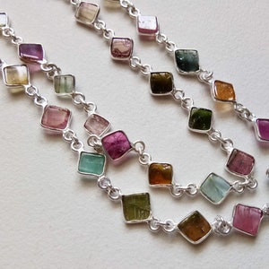 13mm Multi Tourmaline Rosary Chain, Tourmaline Plain Kite Shape Connector Chain in 925 Silver Wire Wrapped Jewelry (1Foot To 5Feet Options)